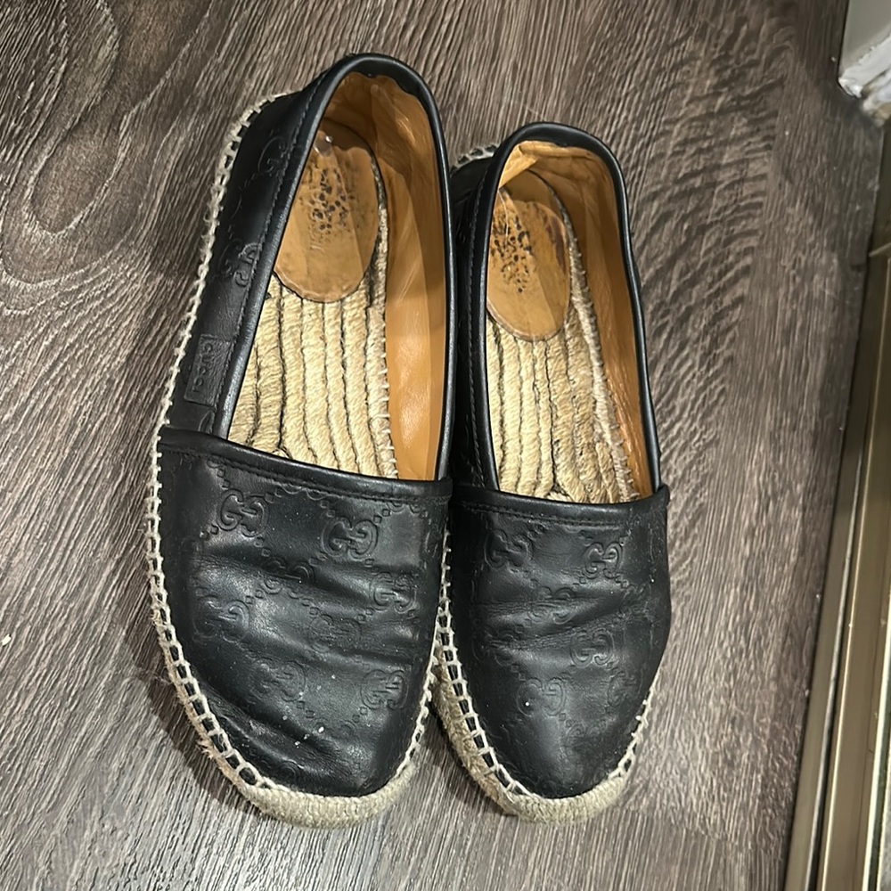 Gucci Black Leather Espadrilles with Jute Detailing